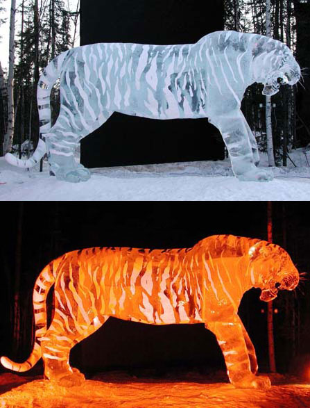Brice and Brown, ice tiger sculpture_"A Rabbit’s View”_shown to compare day and night views.