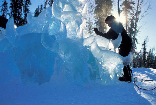 48 large buffalo skulls carved out of ice are stacked in a pile in this ice sculpture, called “Wascana,” by Patricia Leguen and team for Ice Alaska event. Photo by Patrick J. Endres at AlaskaPhotoGraphics