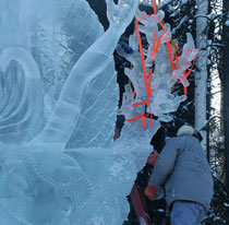 “Mysterious Pearl,” ice sculpture of a mermaid diving down for a pearl, Junichi Nakamura and team for Ice Alaska event, 2006.