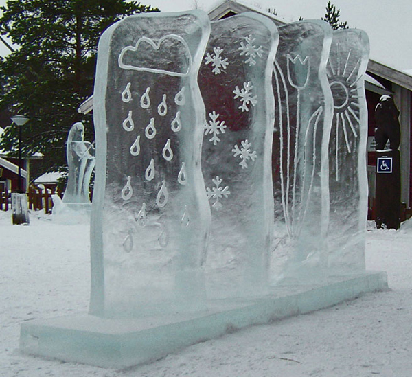 “Kai Tormikoski and Mauno Akhkisalo's sculpture "Four Seasons" 4 ice panels with simple elements of weather carved into them, representing the seasons. Kalajoki, Finland 2004.