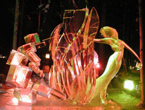 “Fire of Love,” award-winning ice sculpture, abstract of a woman and fire, by Vladimir Zhikhartsev and Vitaliy Lednev, 2005 for Ice Alaska.