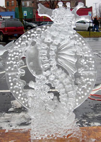 ice sculpture of a sea horse, called “It’s a Daddy!” by Max Zuleta for the Hunter Ice Festival, 2006.